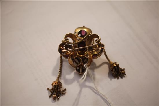 A Victorian gold, garnet, gem and split pearl set tassel drop pendant brooch, overall 8.2cm.